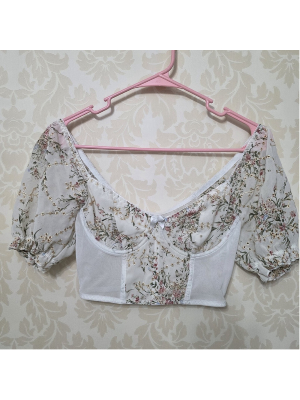 Floral Lace Puff Sleeve Sweetheart Neck Bustier Corset Crop Top XS Fairycore